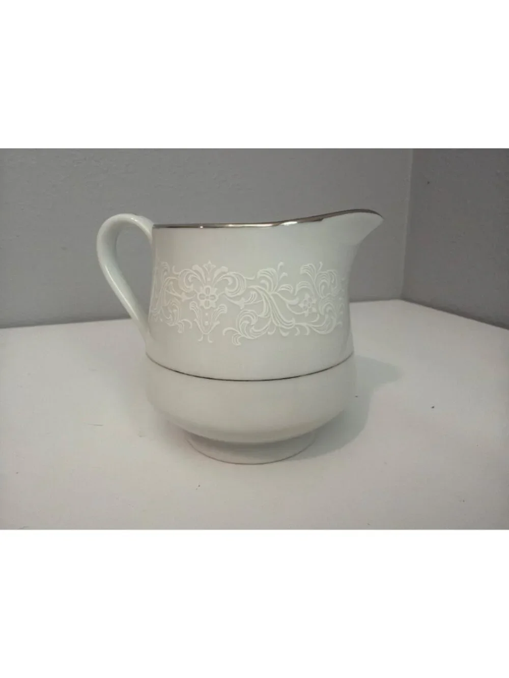 Vtg Rose China Creamer White Spanish Lace w/Silver Trim Classic Elegant Timeless